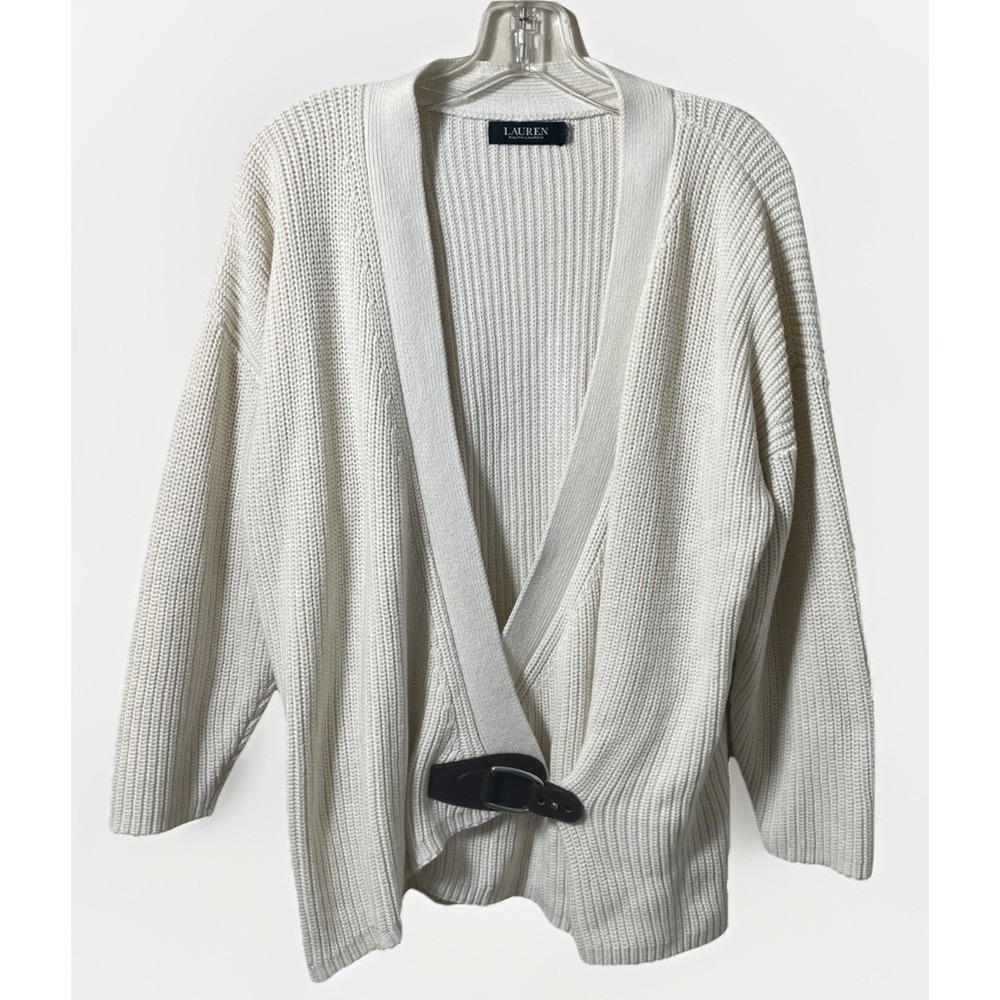 Lauren Ralph Lauren Taupe Wrap Long Sleeve Cardigan Brown Buckle Women's Size L
